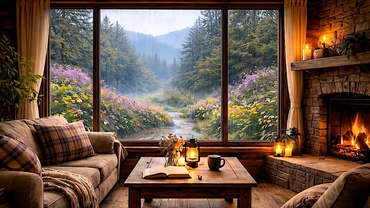 Cozy Cabin Fireplace | Relaxing Spring Forest Ambience 🌿 (4K)