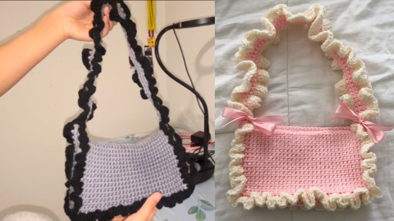 How to crochet ruffle shoulder bag ￼tutorial💕 #crochet #tutorial #rufflebag 