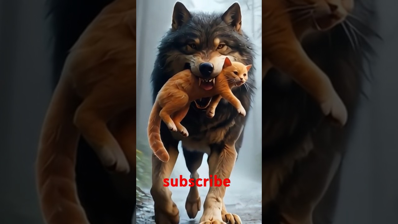 The wolf caught🐺 the little cat, and the father of the  cat fought with the wolf to save his child