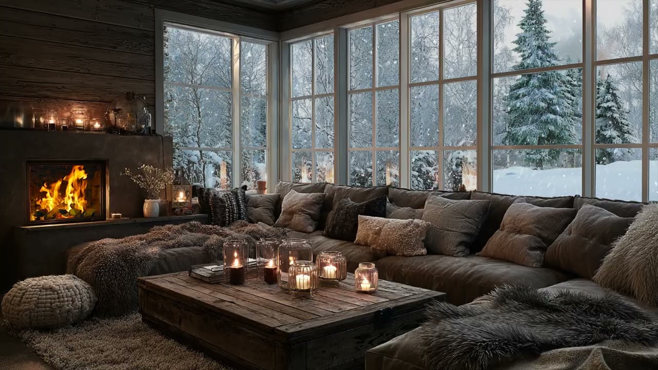 Serene Snowfall Beyond The Window Of A Cozy Living Room With Glowing Fireplace