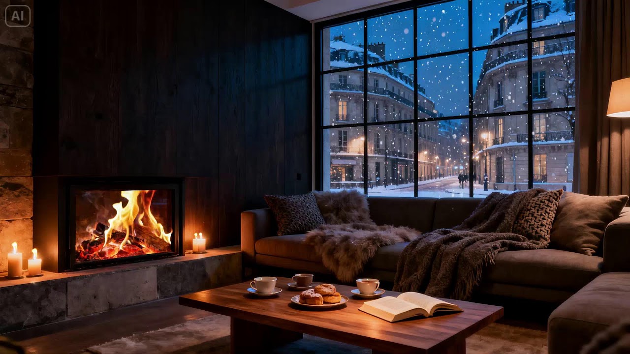 Quiet Paris Winter Night  Cozy Fireplace Glow and Snowfall Outside