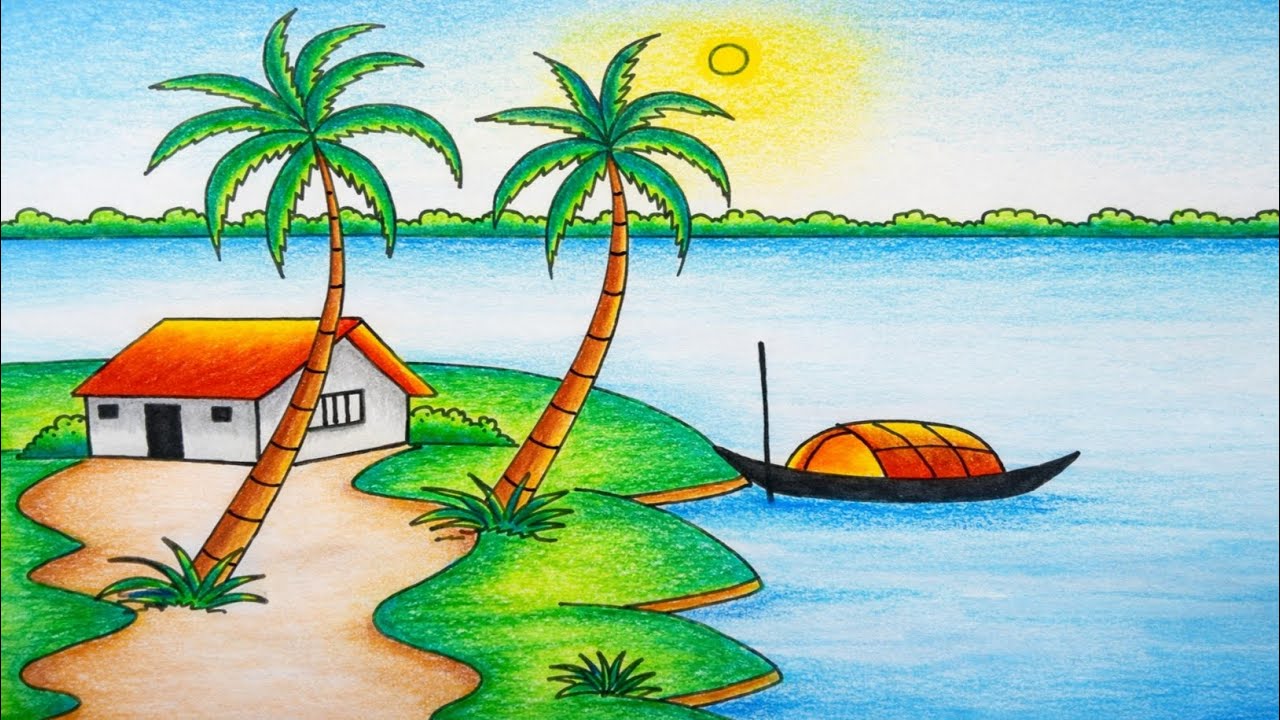 Easy Tropical Village Landscape Drawing | Relaxing Riverside Scenery Art Tutorial