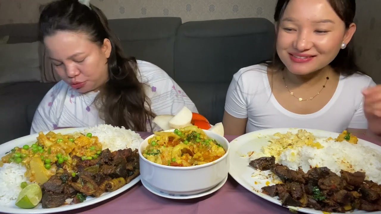खसीको भुटन,फुलकोपी र हरियो केराउ मिथो mukbang