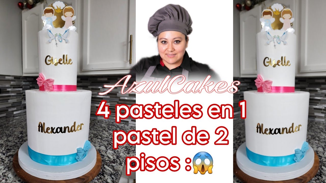 pastel alto, 2 pisos pero de 4 pasteles con AzulCakes en vivo PASTEL BAUTIZO NIÑA Y NIÑO
