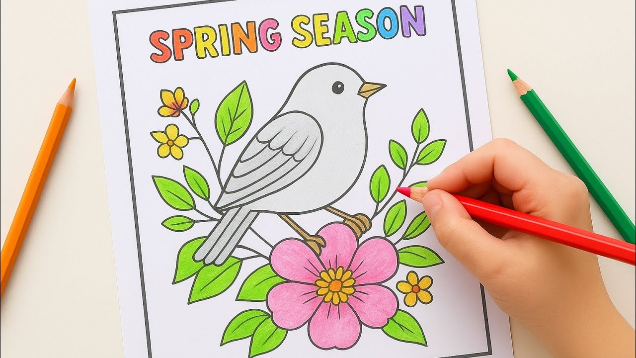 تلوين طائر جميل مع أزهار الربيع 🌸 | Spring Season Bird Coloring for Kids