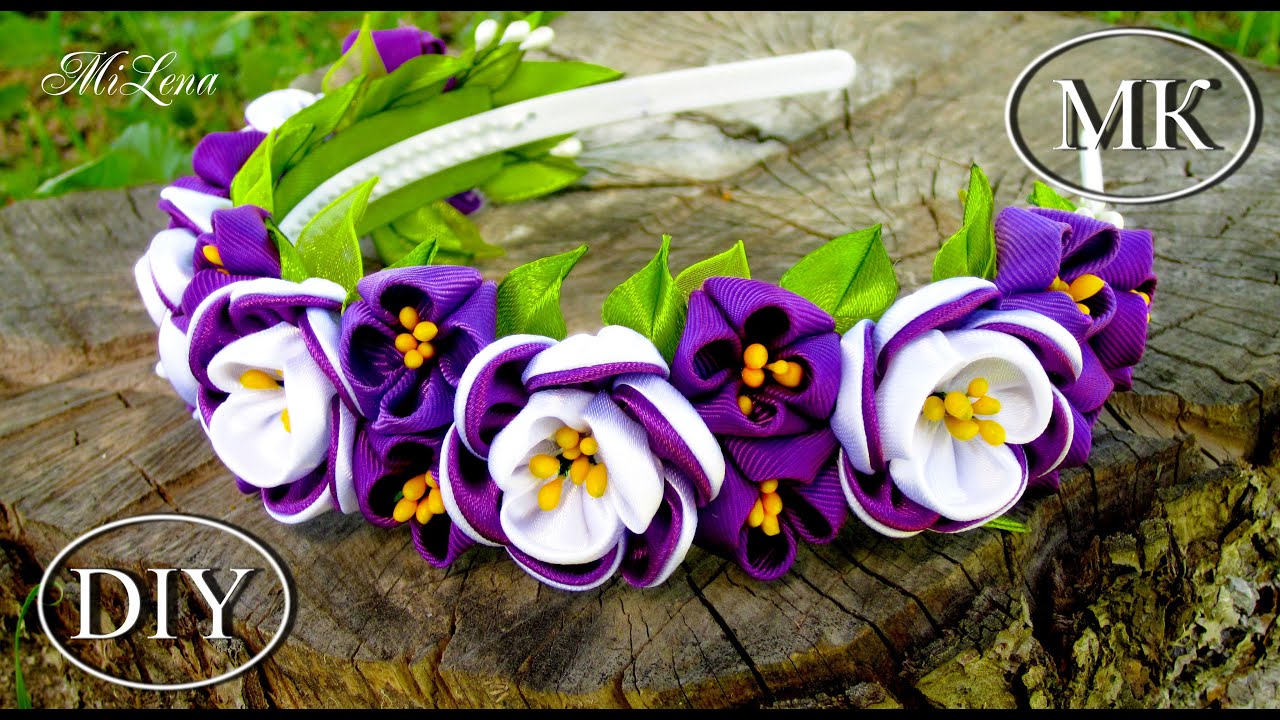 Ободок с Цветами Канзаши, МК / DIY Kanzashi Headband / DIY Hairband with Flowers