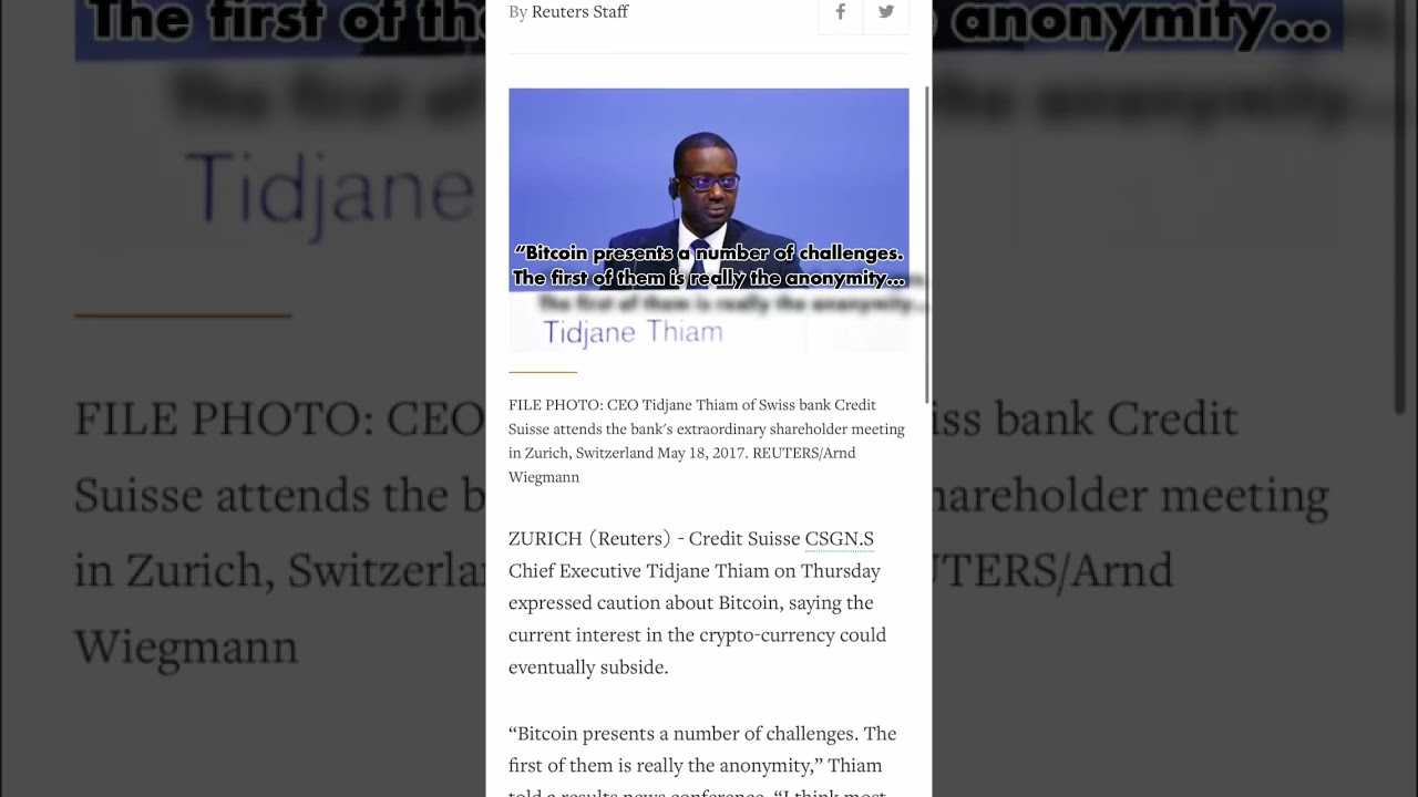 Former CEO of Credit Suisse On ''Bitcoin Bubble'' 