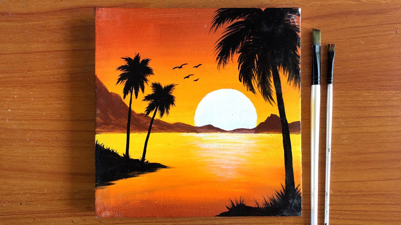 Amber Sunset Silhouette painting for beginners | Acrylic Painting Sunset | Canvas Painting