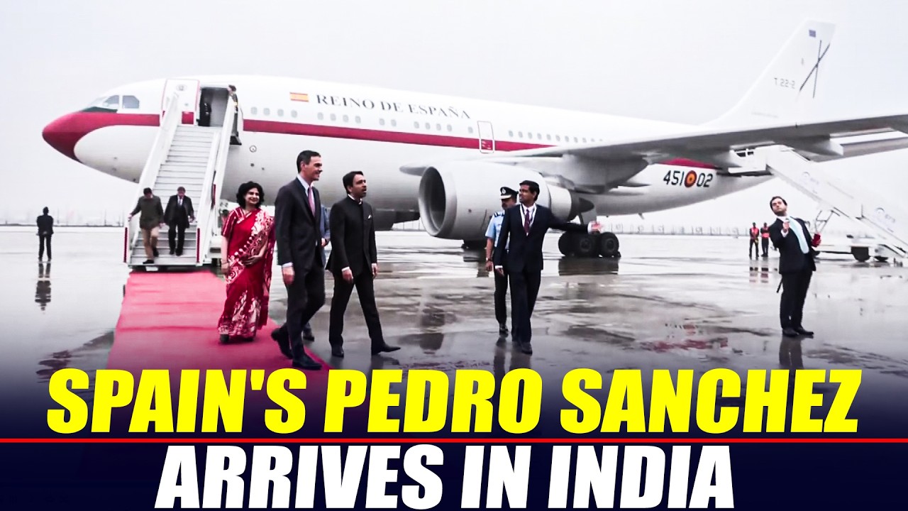 President of Spain, Pedro S&aacute;nchez, arrives at Delhi airport for the India AI Impact Summit 2026