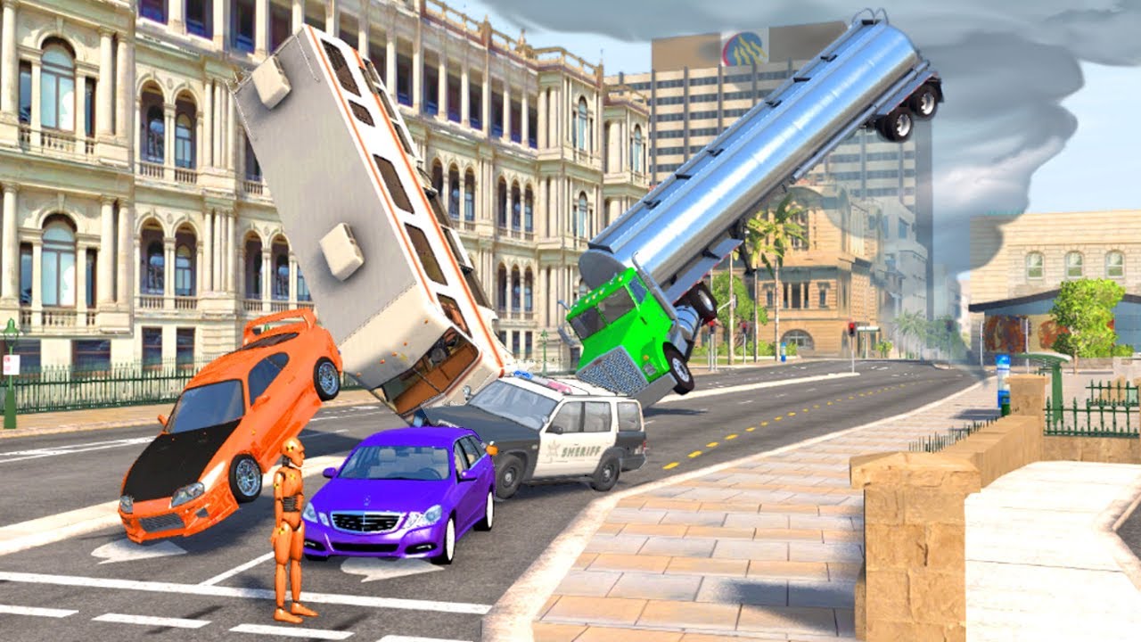 Beamng drive - 300mph+ Strong Wind Hurricane car Crashes Flying