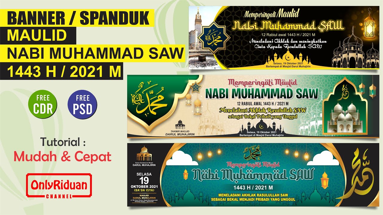 Free 3 Desain Banner Spanduk Maulid Nabi 1443H 2021 Siap CETAK Format CorelDraw Photoshop