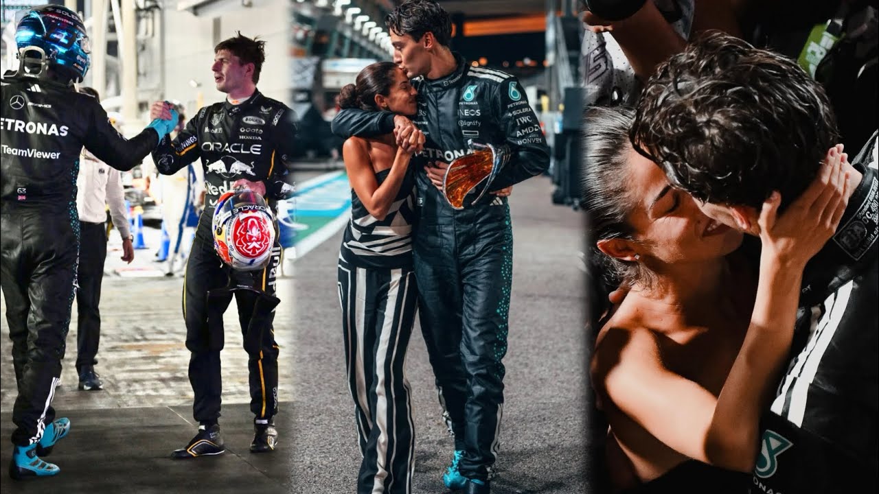 George Russell celebrates with girlfriend Carmen | Max Verstappen congratulates Russell after win