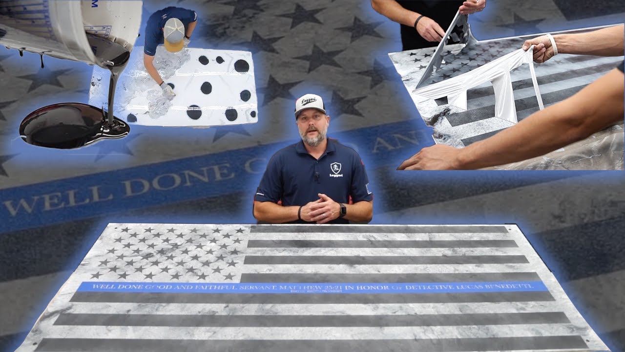 Pouring Epoxy With Leggari Stencils For Custom Resin Art Projects - Metallic Blue Line Flag