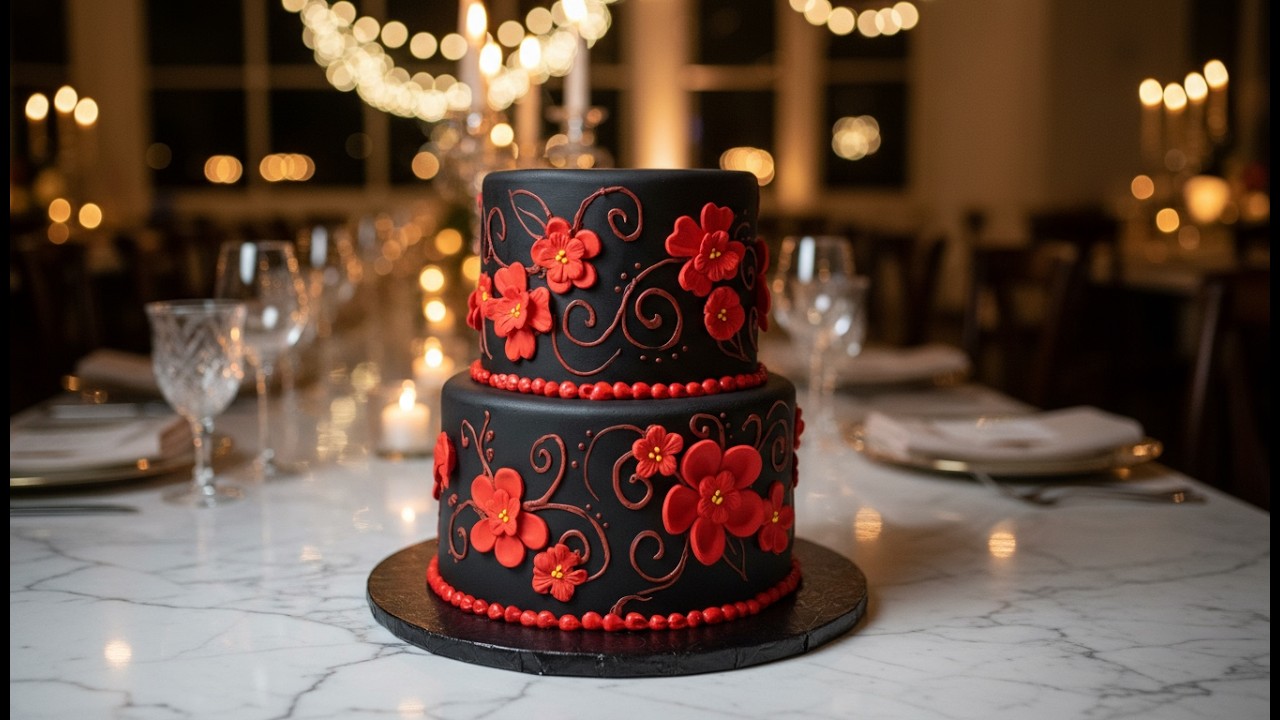 Black and Red Small Wedding Cake. Pastel de Boda Rojo y Negro