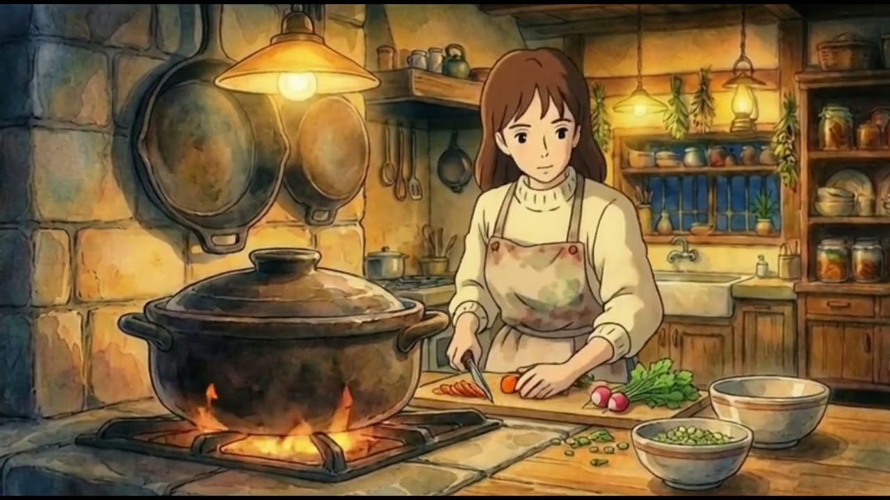 Ruhige K&uuml;che am Abend | Entspannende Kochger&auml;usche | Cozy Ghibli Style Video (Jute 1)