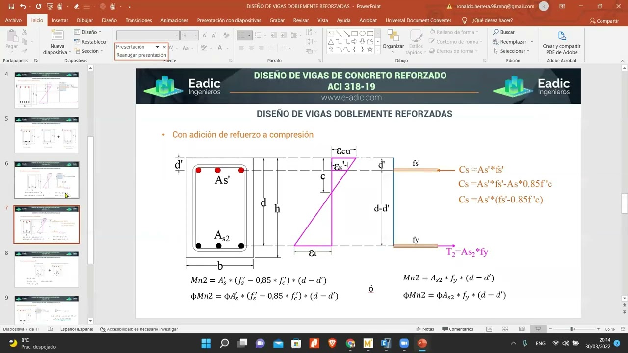 DISEÑO DE VIGAS DOBLEMENTE REFORZADAS ACI 318-19 (Parte 2) CLASE 18, Diseño de estructuras de HºAº