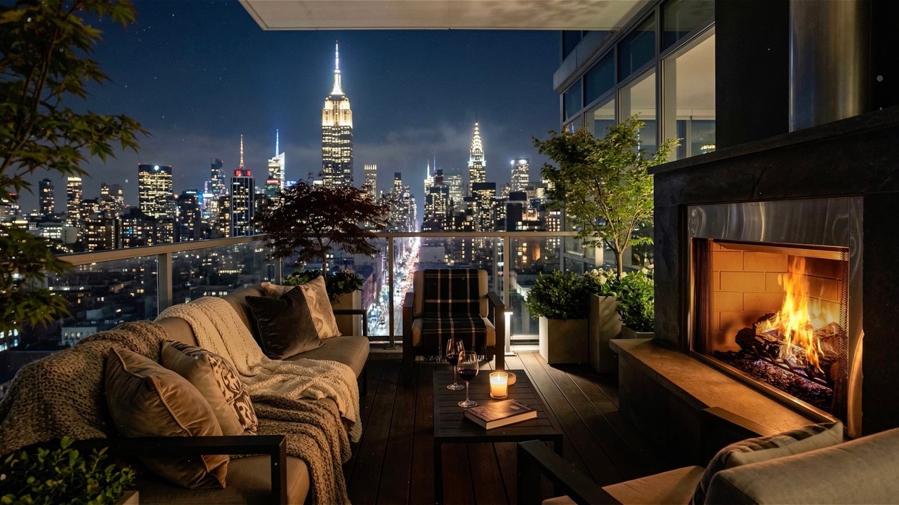 New York City Spring Cozy Balcony Ambience at Night to Sleep, Work, Focus 😴🍃🌃 (Fireplace Sound)