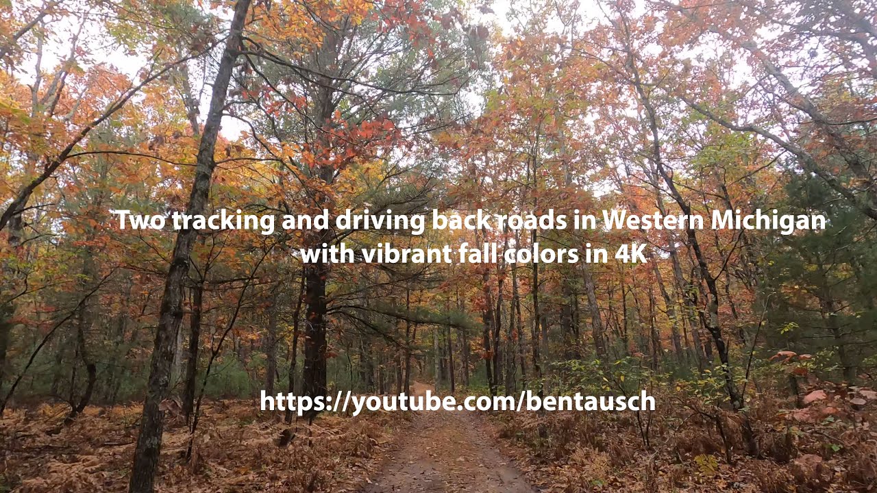 Two tracking and driving back roads in Western Michigan with vibrant fall colors in 4K