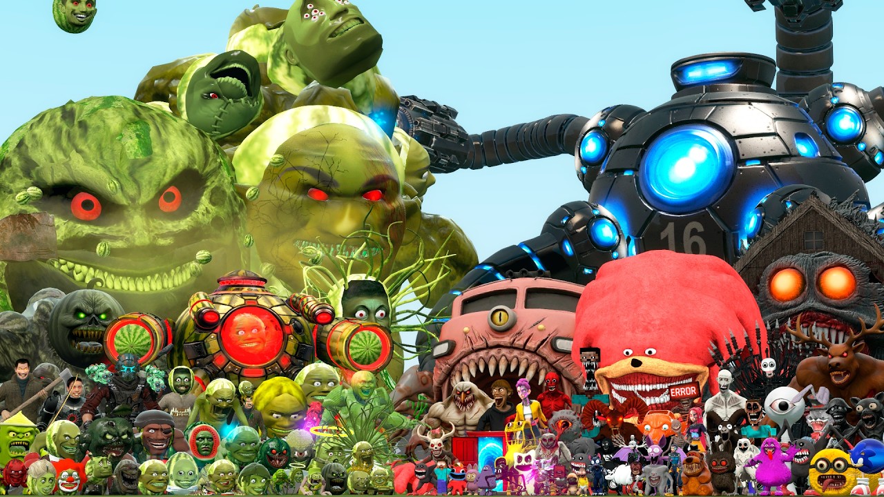 ALL LIN GANG MELON FAMILY VS OMNIDROID, TRAIN EATER, HOUSE MONSTER AND SONIC TAPES (Garry's Mod)