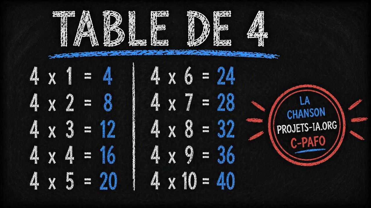LA TABLE DE MULTIPLICATION PAR 4 (Chanson pour apprendre en s’amusant)