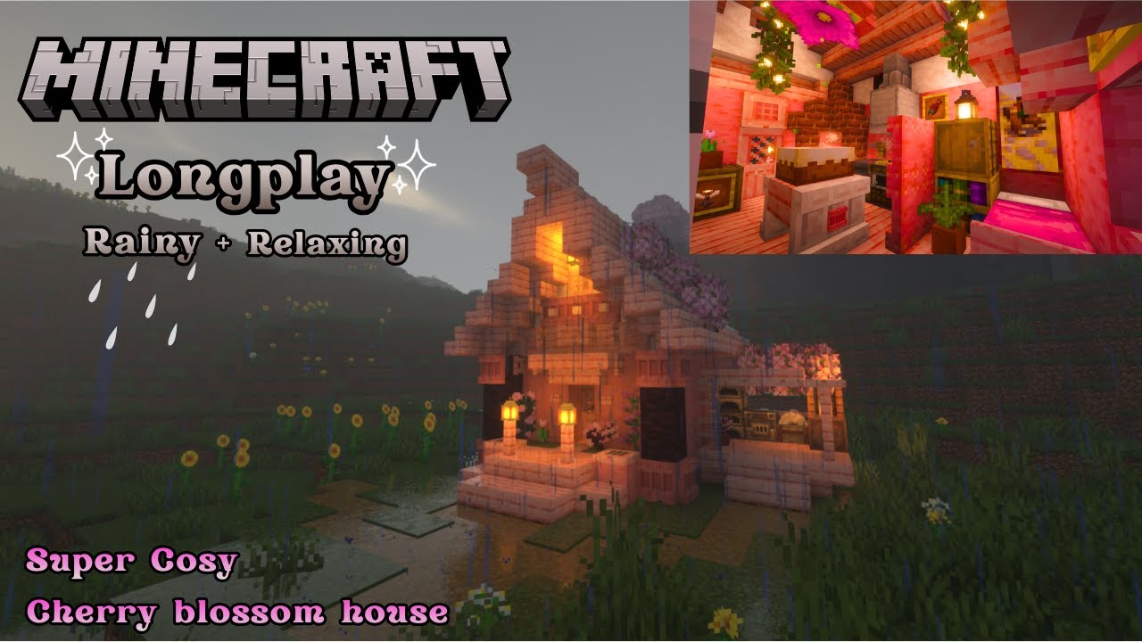 Minecraft Relaxing Longplay in the Rain | Super Cosy Survival Friendly Cherry Blossom House