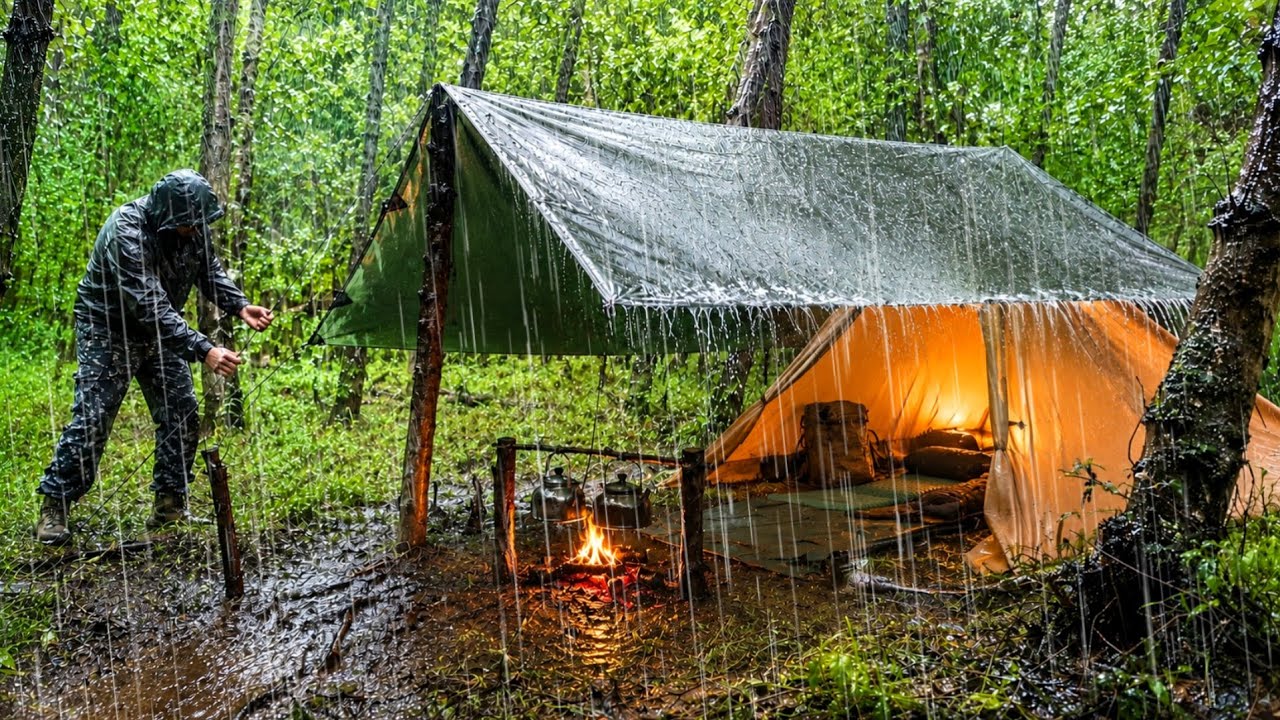 24 Hours Camping in Heavy Rain | Cozy Tarp Camp