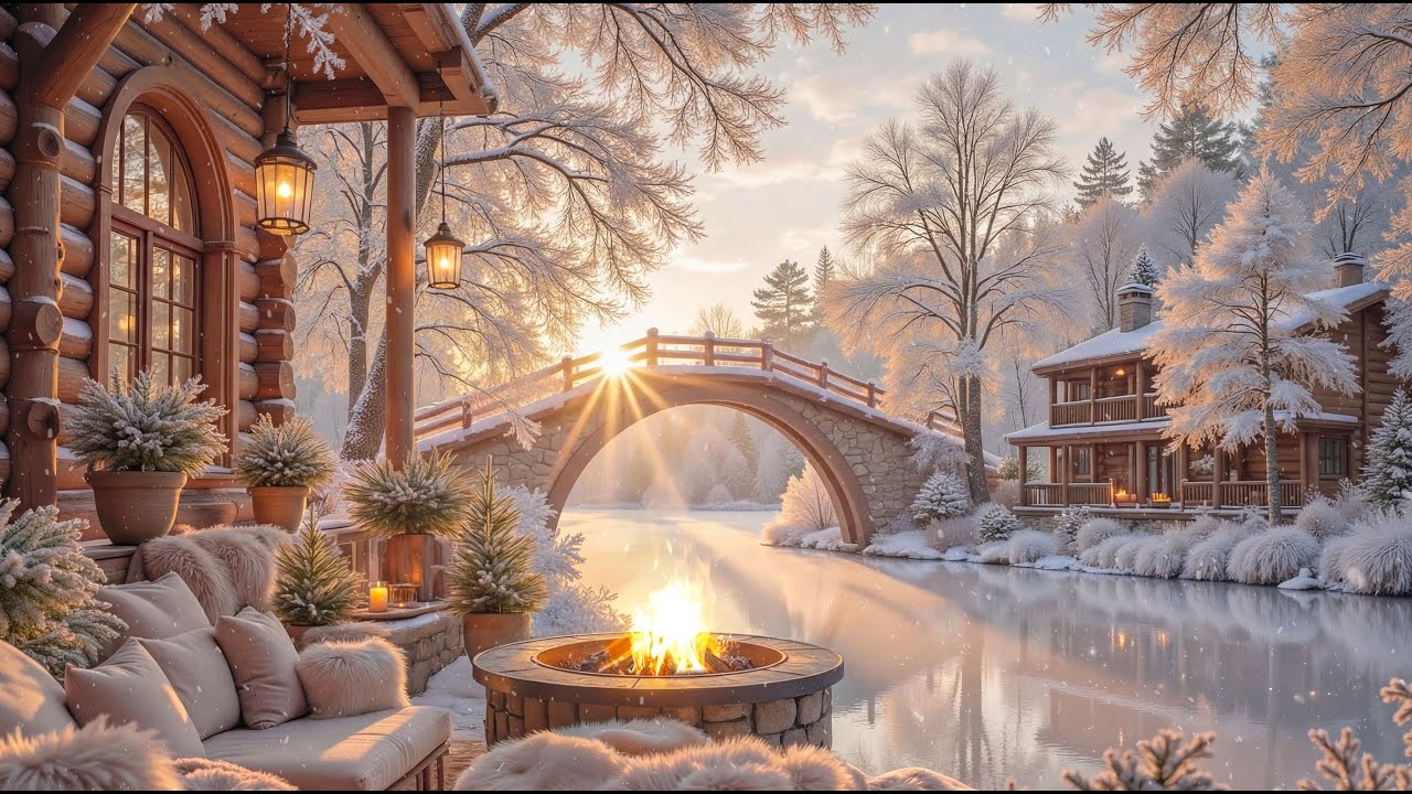 Зимняя веранда у озера с камином ❄️🔥 Мягкий свет и расслабляющая фортепианная музыка