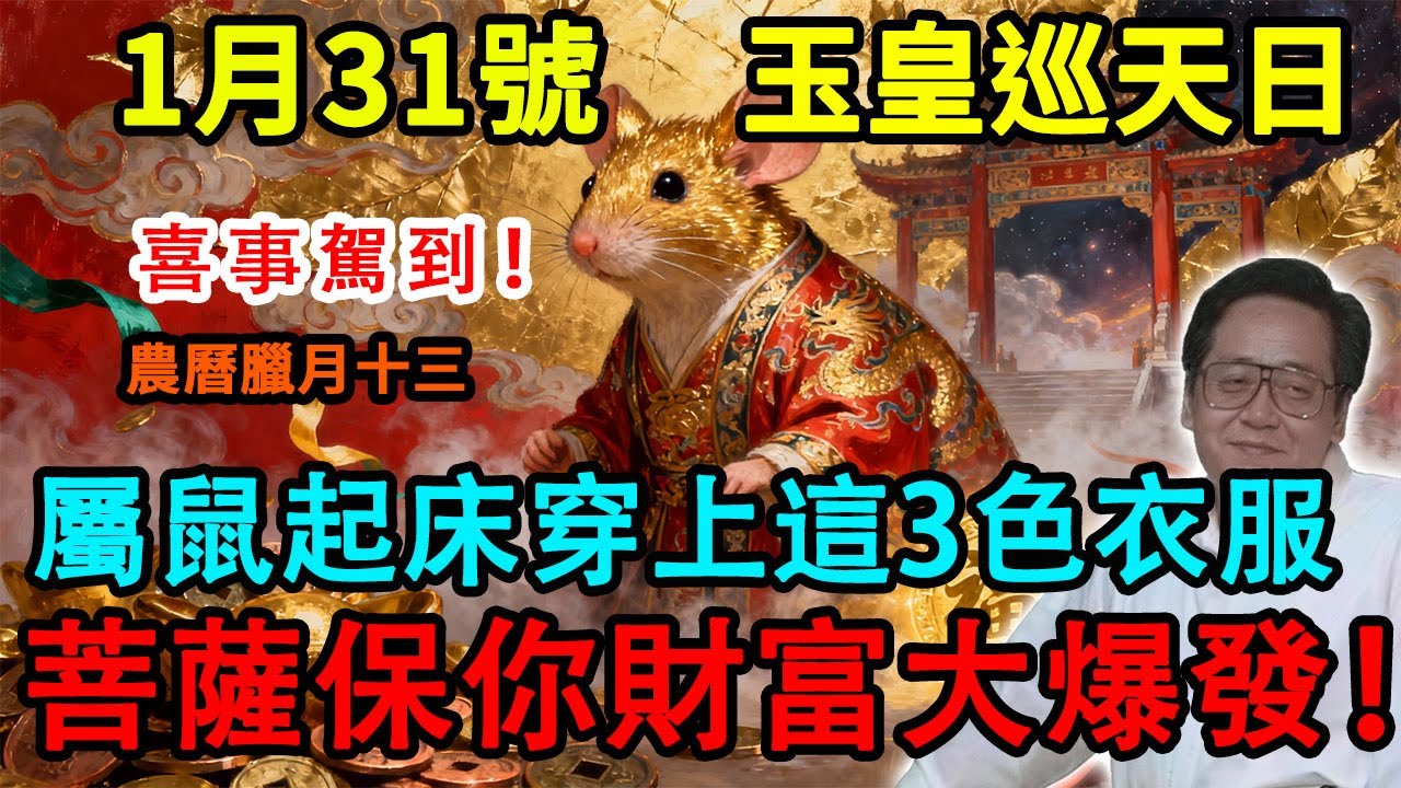 1月31號屬鼠人喜事駕到！屬鼠生肖早上起床穿上這3色衣服，農曆臘月十三，「玉皇大帝升天日」，第二天必有橫財降你家，菩薩保你正財橫財大爆發！#佛學 #佛淨 #佛陀 #佛法 #佛教 #修行