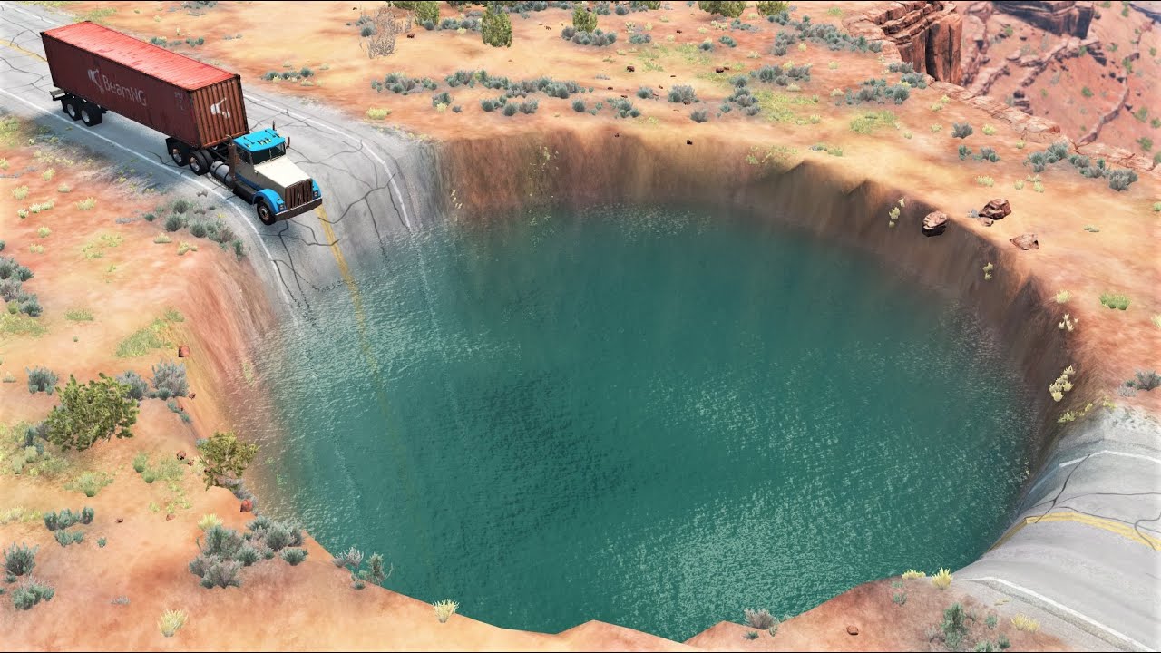 Cars Vs Giant Pit  - Huge Water Potholes - BeamNG.Drive