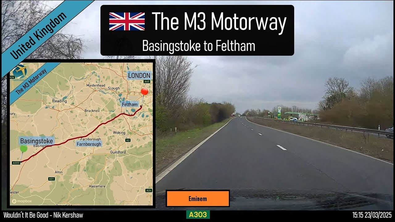 ♪ The M3 Motorway heading towards London, UK