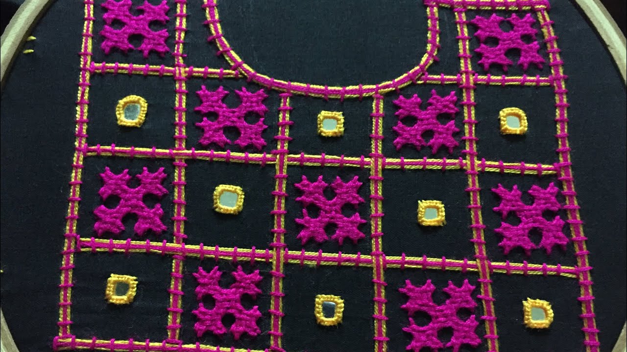 Hand embroidery neckline embroidery design with gujrati stitch by nakshi design art