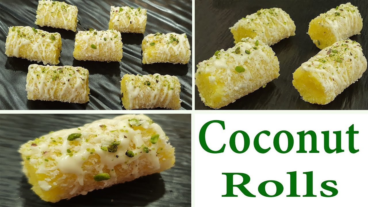 5 मिनटमे नारियल के रोल्स Coconut Rolls  easy tasty Rolls Indian sweet diwali special recipe