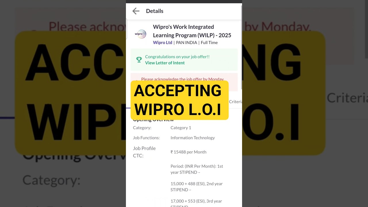 Accepting Wipro's Letter Of Intent. Wipro Wilp 2025 For BCA Students. #shortvideo #ytshorts #wipro