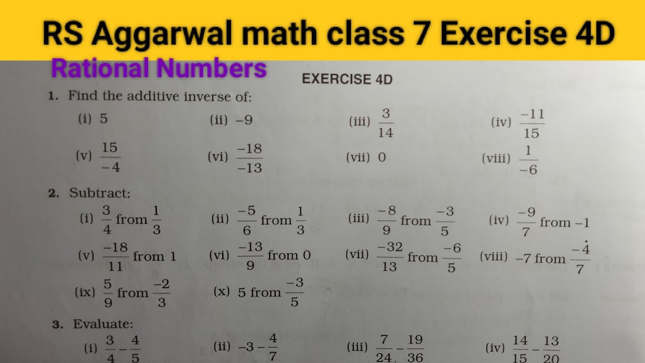 RS Aggarwal math class 7 exercise 4D ।। Class 7 exercise 4D RS Aggarwal math solution । Rational
