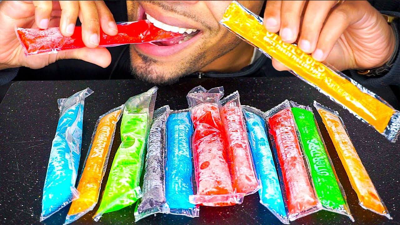 ASMR EATING FREEZE POPS ASSORTED FLAVORS ICE BIG BITES MUKBANG CRUNCH SOUNDS TINGLES NO TALKING