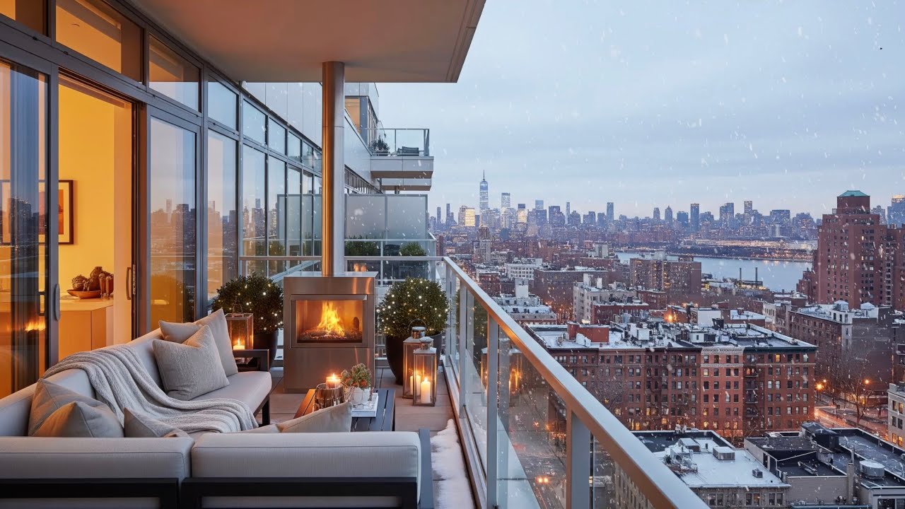 Winter Evening New York City Cozy Balcony Ambience to Sleep, Work, Focus🗽😴❄️ (City, Fireplace Sound)