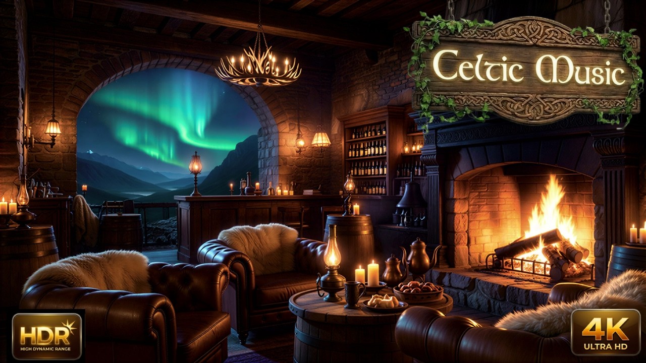 Celtic Music & Cozy Highland Pub Fireplace Ambience 4K | Warm Irish Music for Relaxing Study Sleep