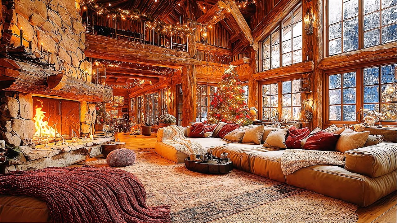 Snowy Forest Cabin at Night 🌲 Fireplace Music for Deep Relaxation
