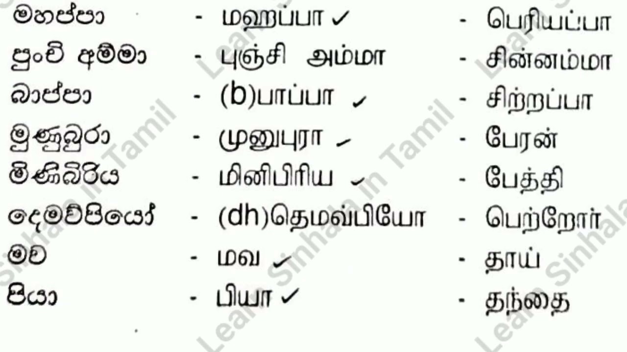 Relationship names in Sinhala to Tamil