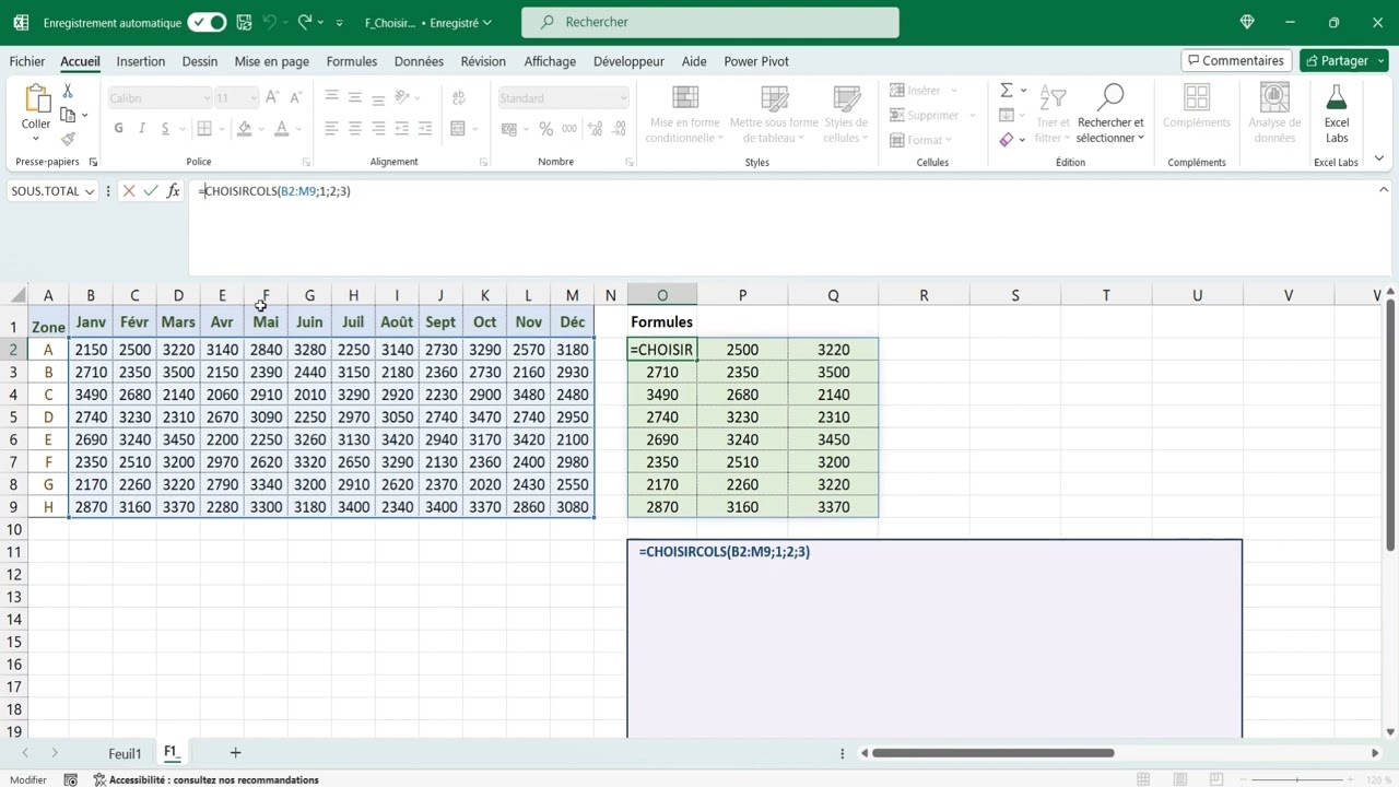 Excel - Fonctions CHOISIRCOLS, CHOISIRLIGNES, extraire des colonnes, des lignes selon un n° d'index