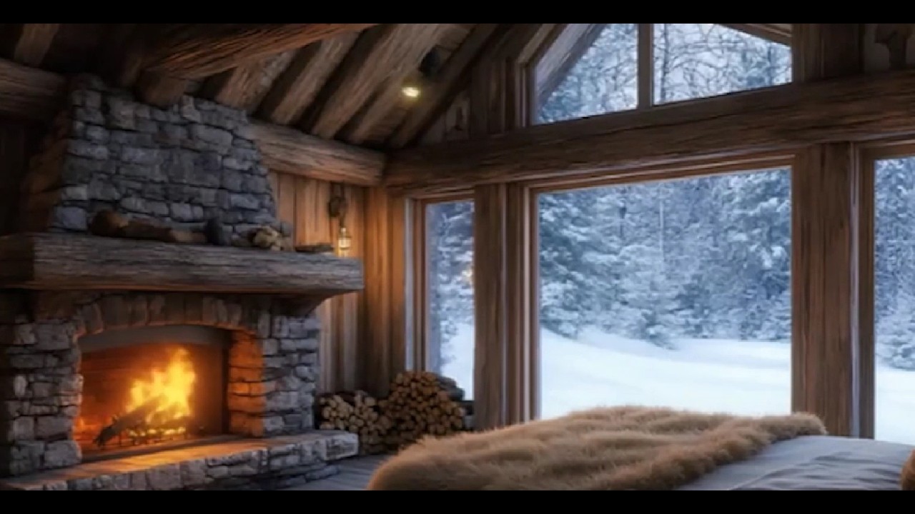 Warm Fireplace & Soft Piano: Relaxing Holiday Ambience with Snowfall