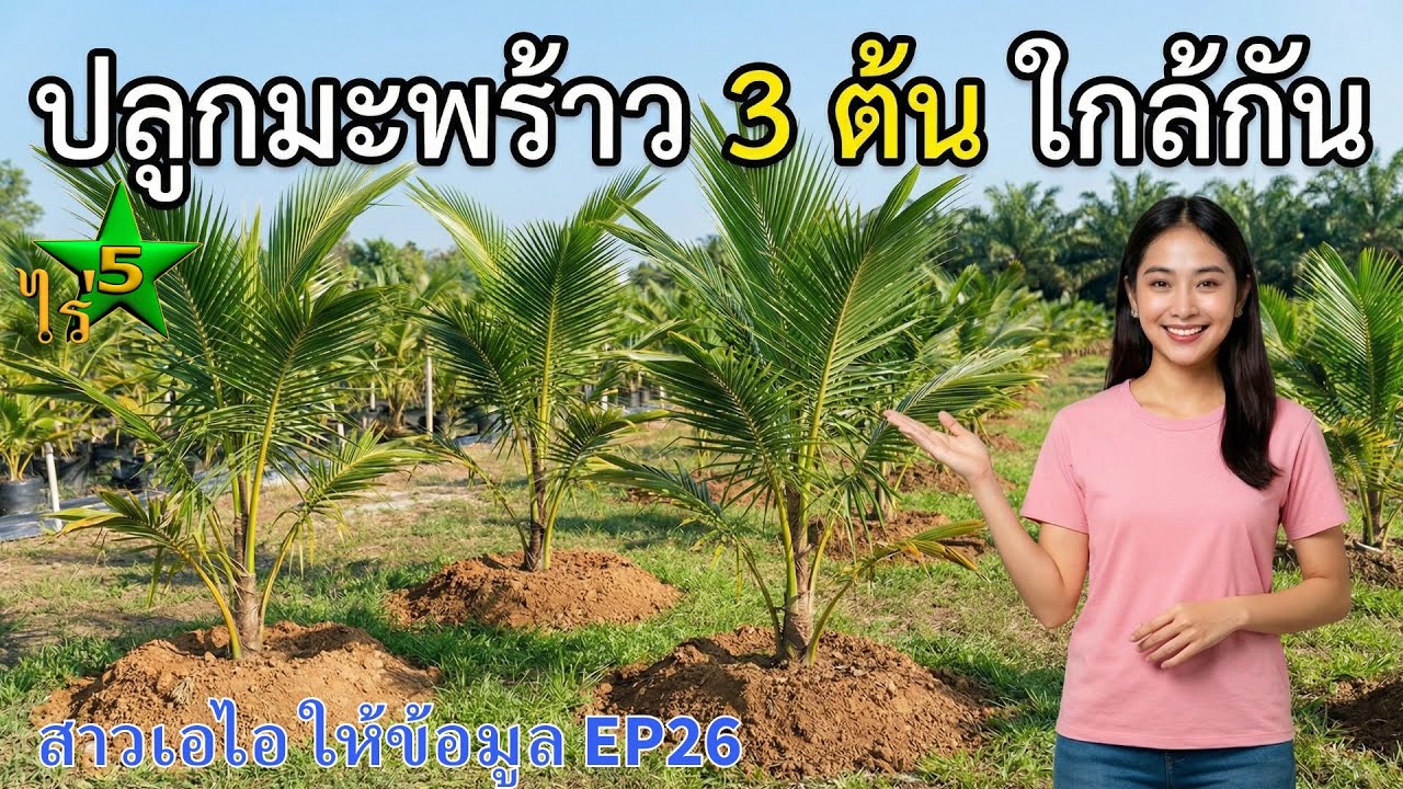 ปลูกมะพร้าว 3 ต้น ใกล้ชิด ติดกันหรือหลุมเดียวกัน EP26 ประหยัดพื้นที่ ผลผลิตดี โดย สาวเอไอ ให้ข้อมูล