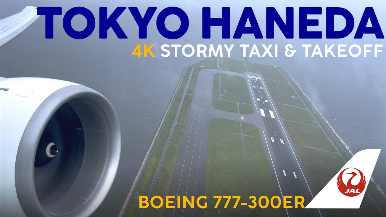TAKEOFF from TOKYO 🛫 Stormy Tokyo Haneda 🇯🇵【4K In Flight Video】Japan Airlines 777-300ER
