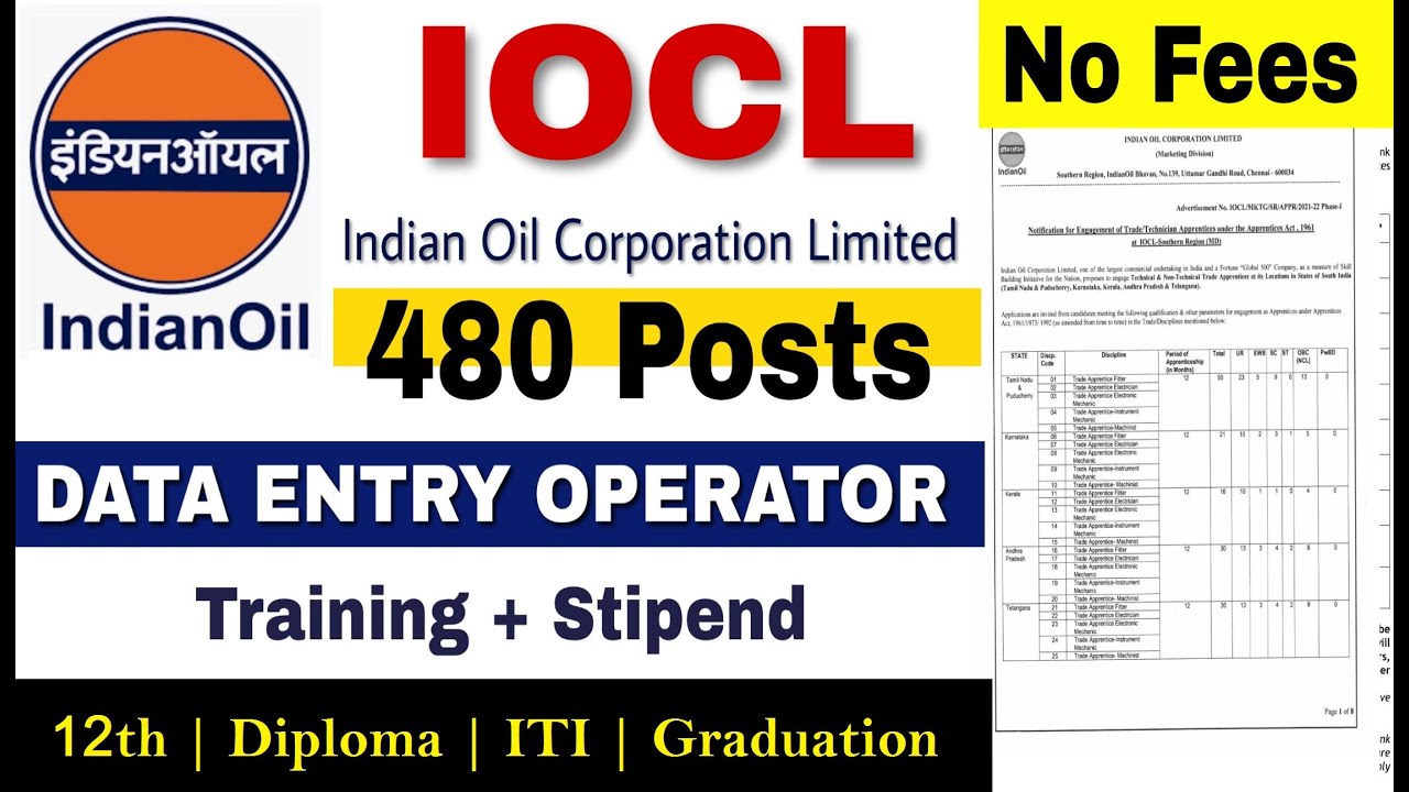 IOCL Recruitment 2021 | 480 Posts in marketing Division | Southern Region | No Fees | Apply Online