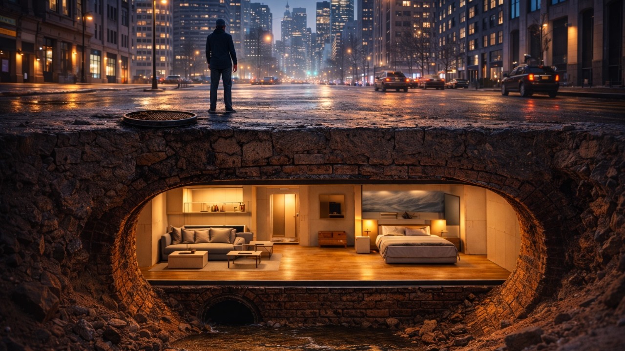 This man Built a SECRET HOUSE in the SEWER – I Transformed This TUNNEL into a HIDDEN HOME (ASMR)