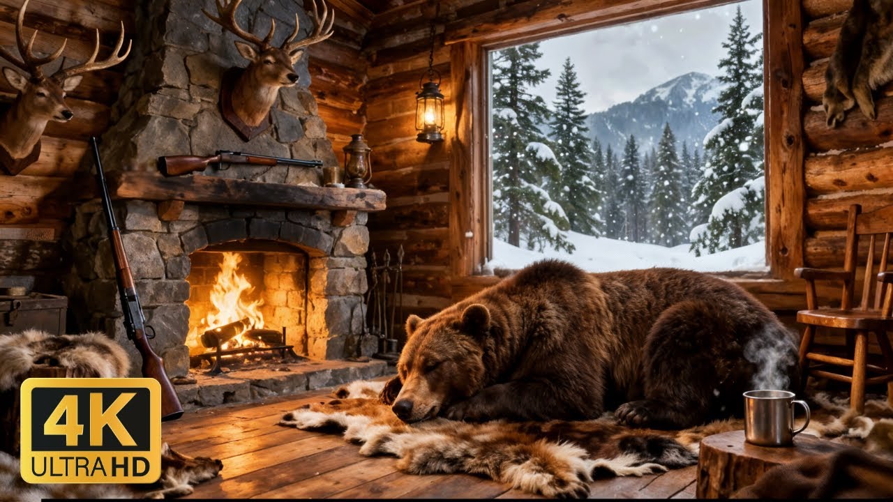 Hunter&rsquo;s Cabin Fireplace Ambience | Country Music, Fire & Winter Wind Sounds for Relaxation & Sleep