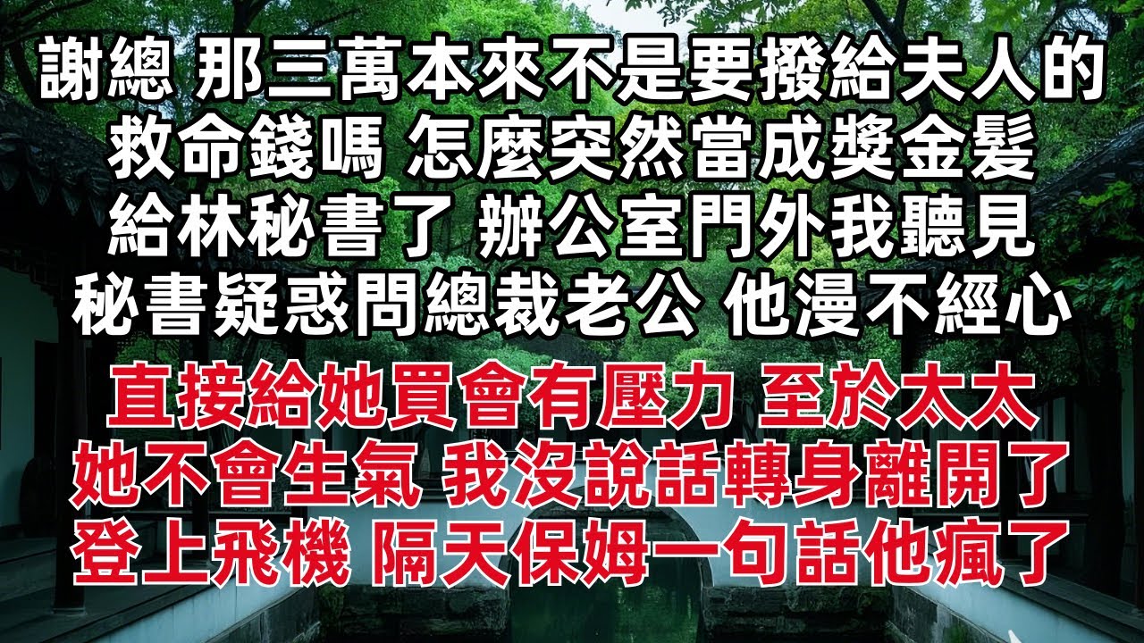 謝總 那三萬本來不是要撥給夫人的救命錢 怎麼突然當成獎金髮給林秘書了 辦公室門外我聽見秘書疑惑問總裁老公 他漫不經心 直接給她買會有壓力 至於太太她不會生氣 我沒說話轉身離開 隔天回家保姆一句話他瘋了