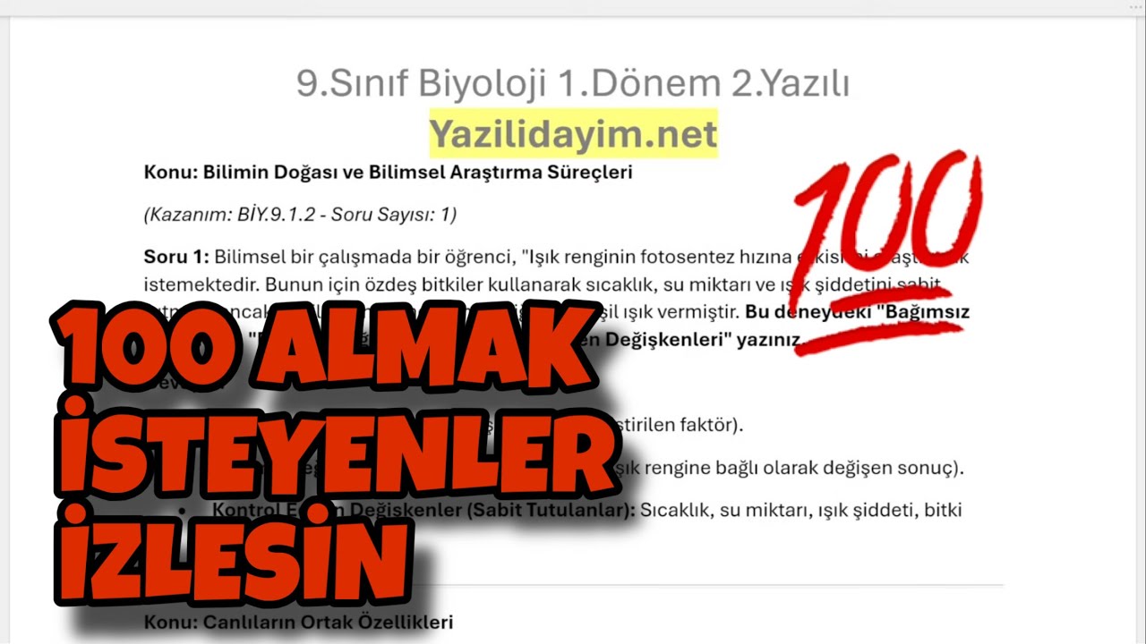 9.Sınıf Biyoloji 1.Dönem 2.Yazılı