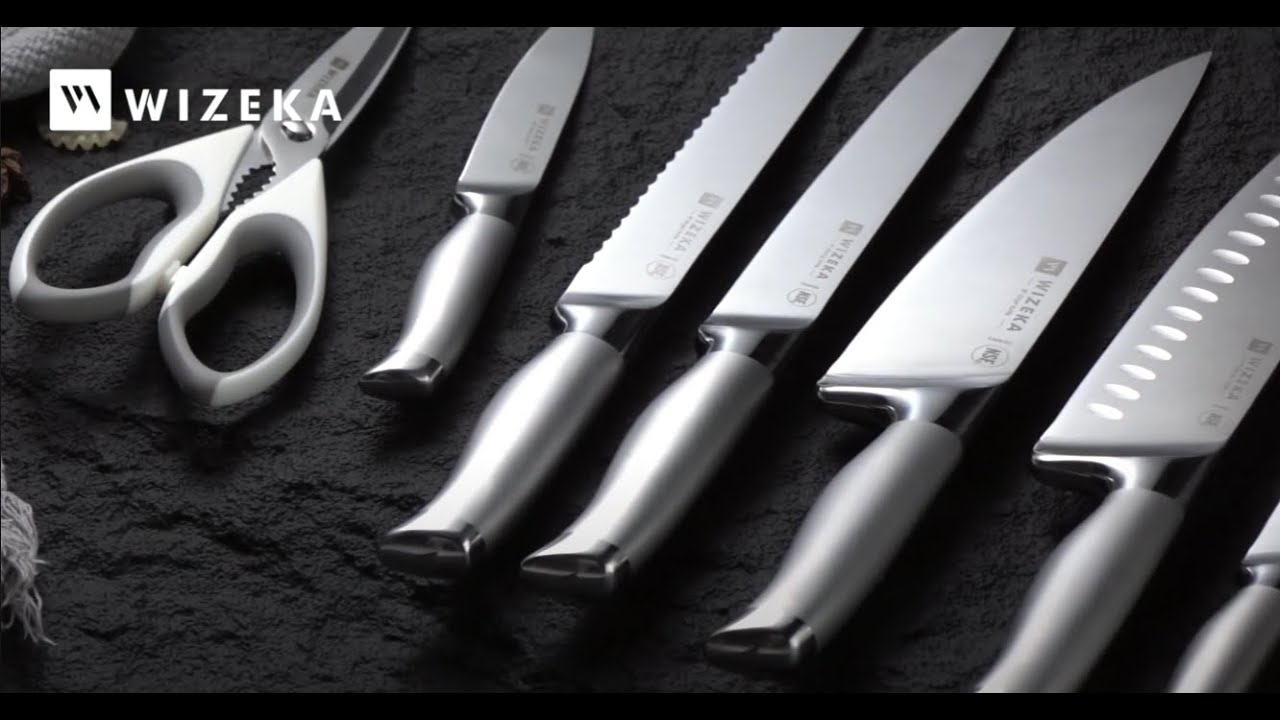 WIZEKA 15PCS Dishwasher Safe Knife Block Set with Sharpener， Silver Wings Series，WA-KS-1503