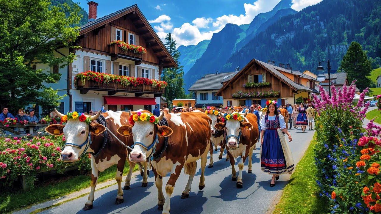Самая красивая деревня Швейцарии _ Лаутербруннен🇨🇭Швейцарская корова возвращается домой из Альп